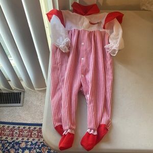 Vintage Playskool Play J’s Candy Stripe Christmas Baby Outfit Lace – Sz 6–9M